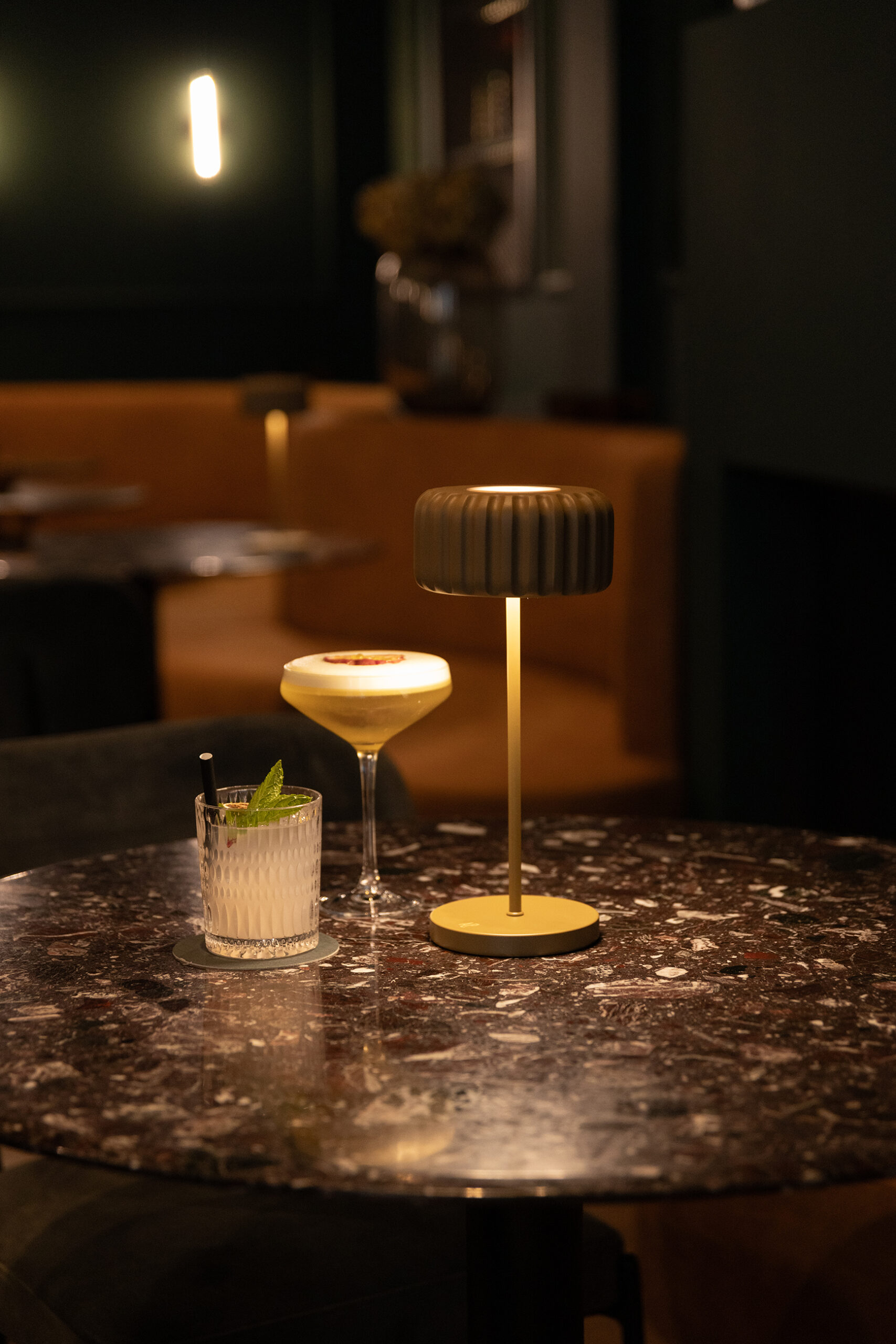 Dentelles Bistro Lamp by Atelier Pierre – portable, wireless lamp with charging station in Clay and Silk shades.