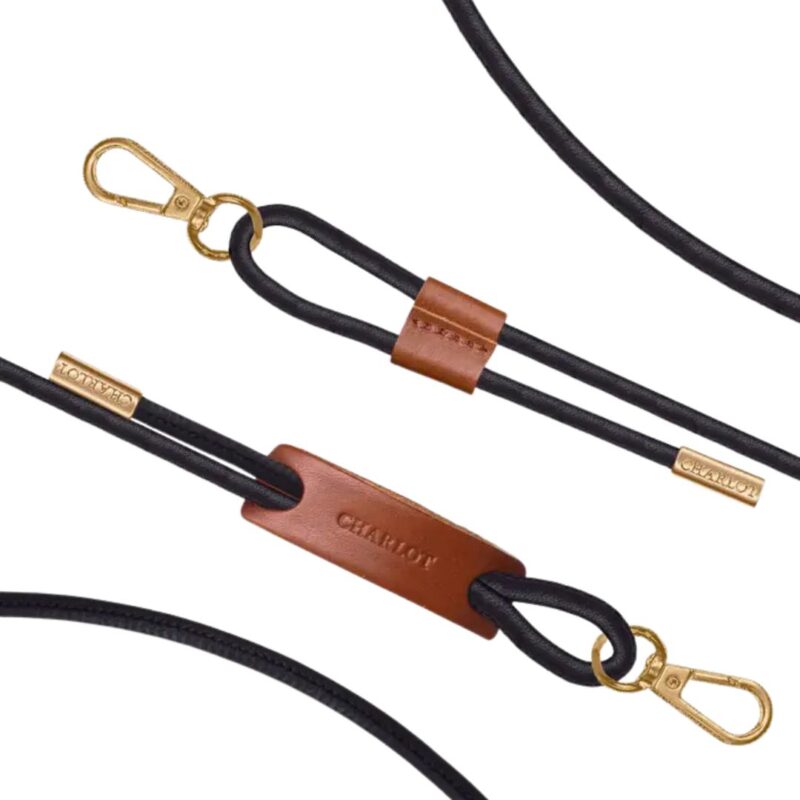 Black leather phone cord from Charlot Paris with golden clasps