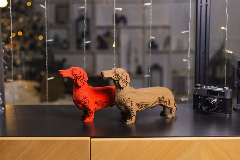 foto van 2 teckels van Cartonic 1 is geschilderd de andere niet. 3D cartonic Dachshund