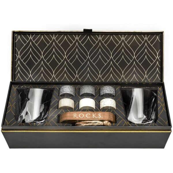 Whisky rocks stones for cooling down your drink with 2 twist glasses gift set
