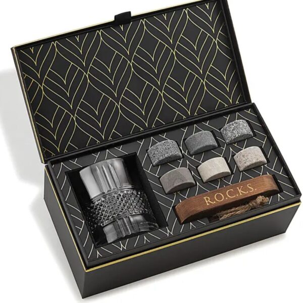 Gift set whisky – R.O.C.K.S. granite stones with crystal glass in luxury box