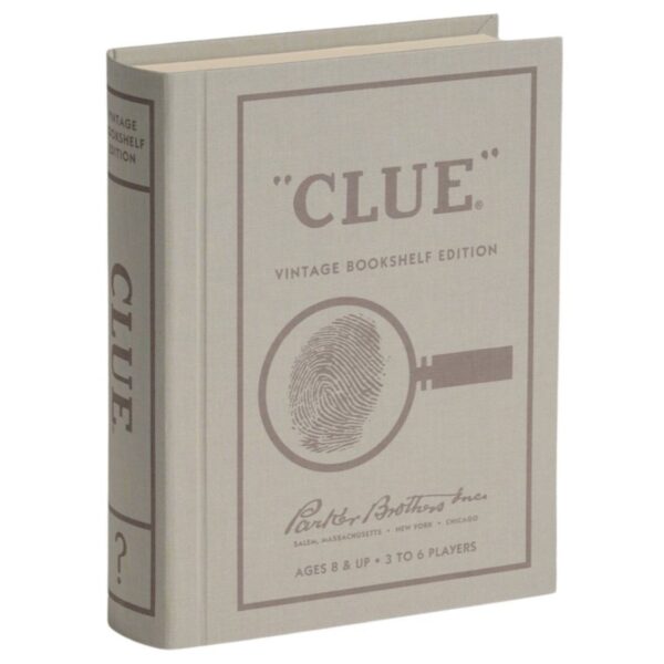 Elegant Clue Vintage Edition board game styled as a linen-bound book, with 1949-inspired graphics, metal weapons, wood tokens, and vintage clue cards.
