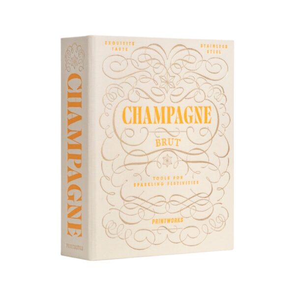 Champagne gift set in beige and orange book-style box with stainless steel opener and stopper – stylish gift