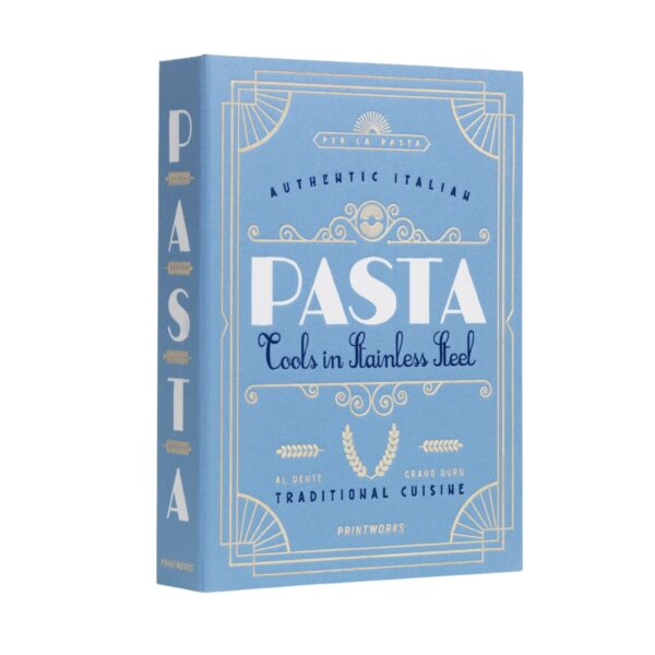 Pasta gift set in bright blue book-style box with stainless steel spaghetti measurer, tongs and grater – luxury gift