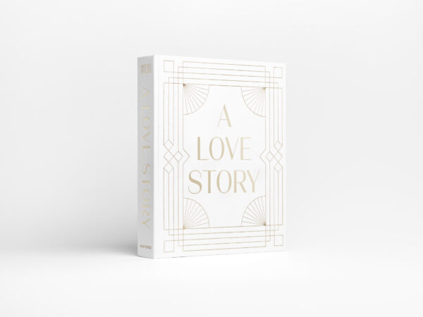 Coffee table wedding album A Love Story with white cloth cover and gold foil text