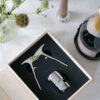 Champagne gift set in beige and orange book-style box with stainless steel opener and stopper – stylish gift open box