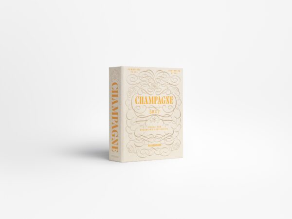 Champagne gift set in beige and orange book-style box with stainless steel opener and stopper – stylish gift