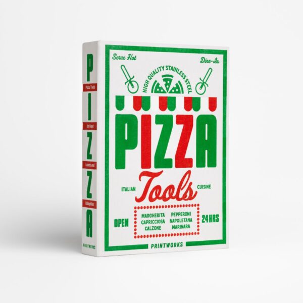 Pizza tools set in book-style box with stainless steel cutter and serving spatula – elegant gift