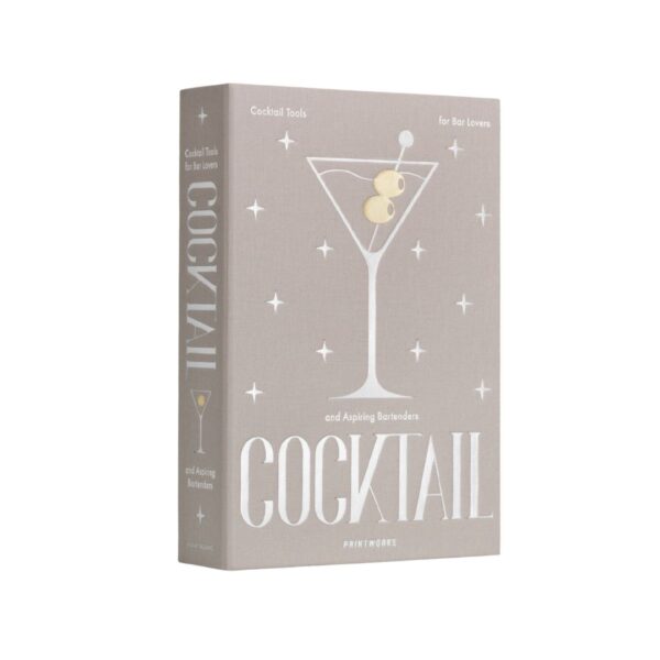 Cocktail gift set in grey/metallic book-style box with stainless steel ice tongs, Hawthorne strainer and jigger – luxury gift