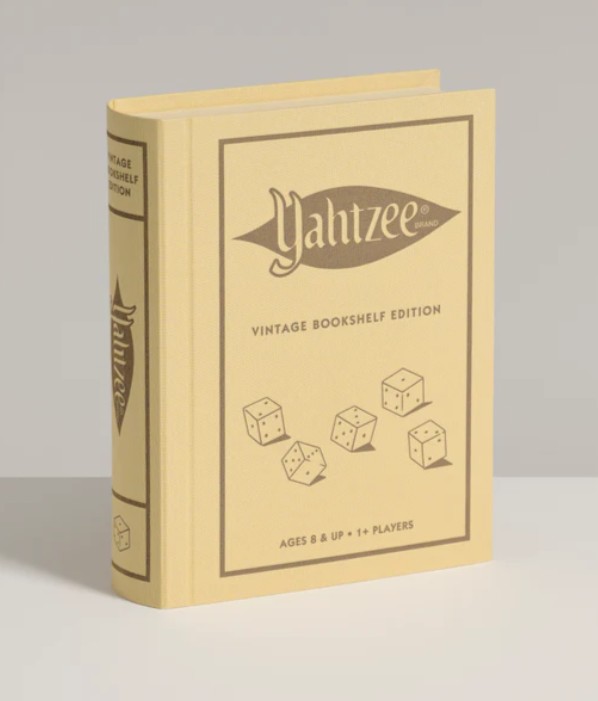 Yahtzee bookshelf game in fabric-covered book box