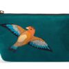 Velvet pouch bag “Petrol Goldfinch” by BIEN – petrol velvet and satin-nylon with embroidered goldfinch.