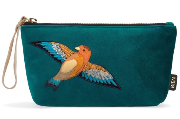 Velvet pouch bag “Petrol Goldfinch” by BIEN – petrol velvet and satin-nylon with embroidered goldfinch.