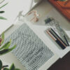 Linen-covered sketching set box open with drawing tools inside