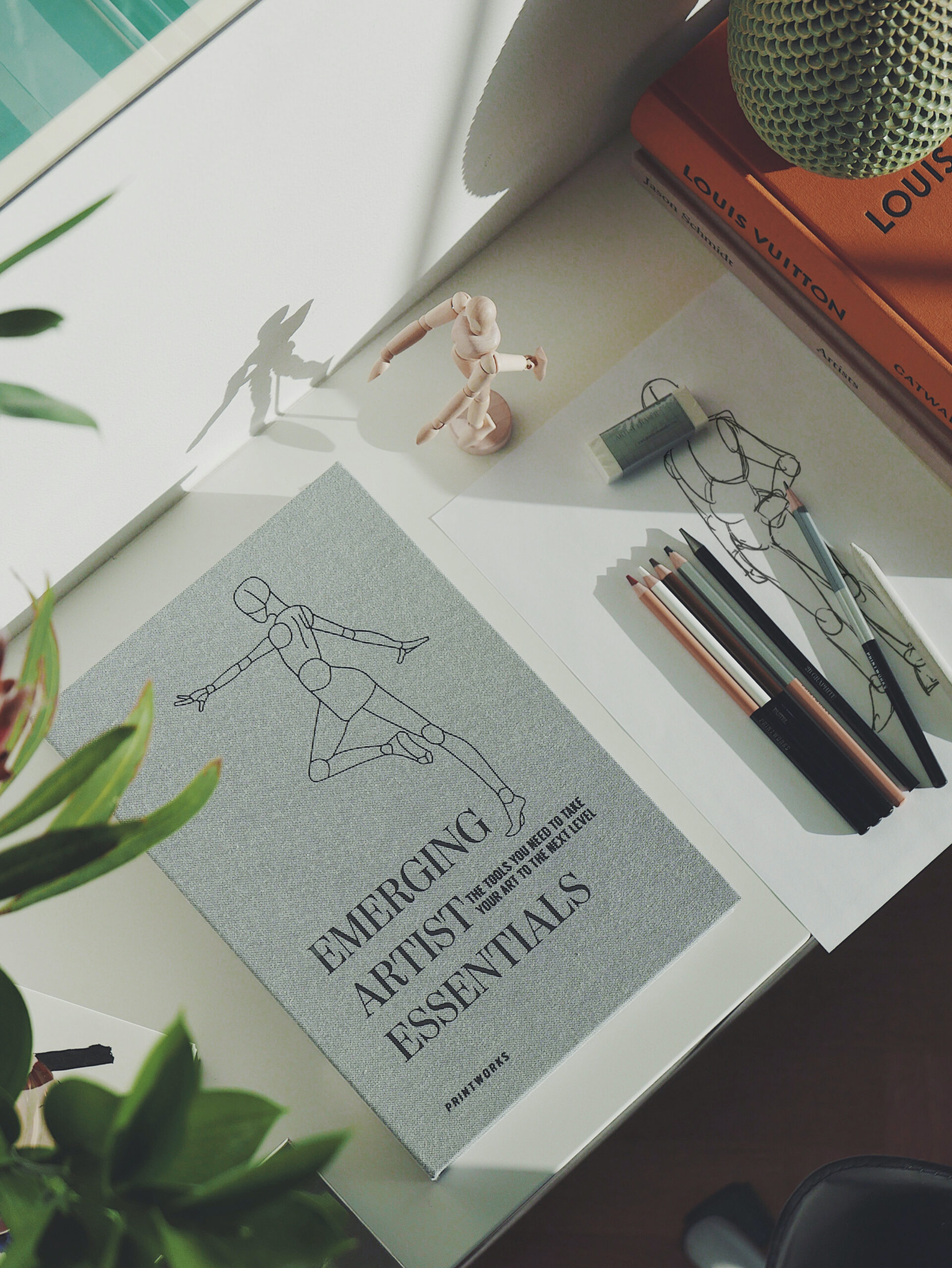 Linen-covered sketching set box open with drawing tools inside