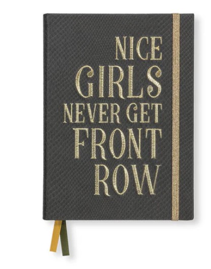 Green python-look inspirational embroidered notebook with quote “Nice Girls Never Get Front Row” – Fancy the Pancy