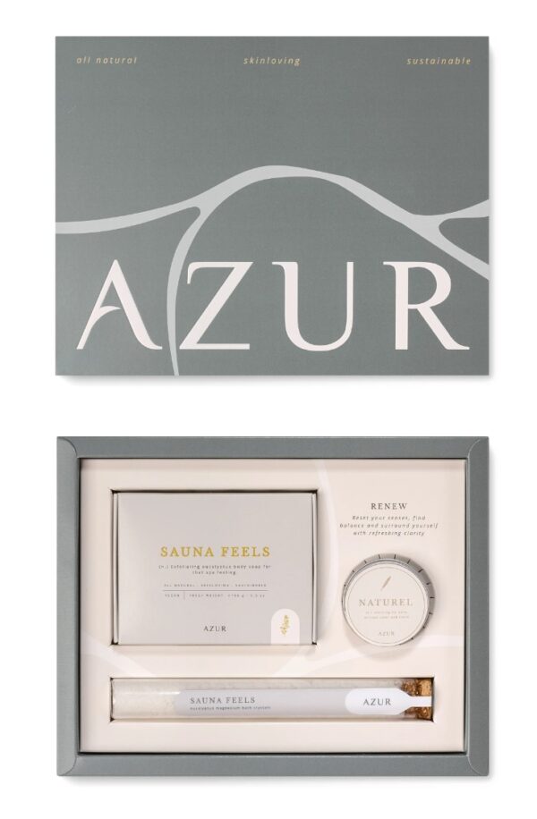 Wellness gift set by Azur with salt soap, bath salt, and lip balm. Naturally made, beautifully packaged, and ready to gift.