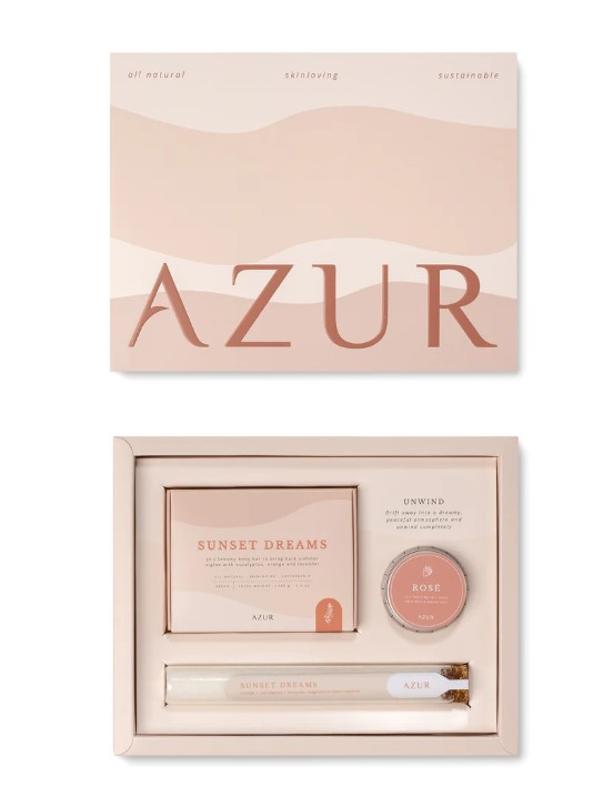 UNWIND Gift Set Sunset Dreams by Azur – relaxation gift set with soap, bath salt, and rosé lip balm.