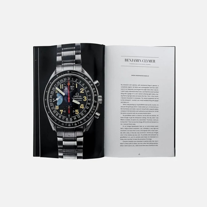 A man and his watch book from matt hranek open on page benjamin clymer