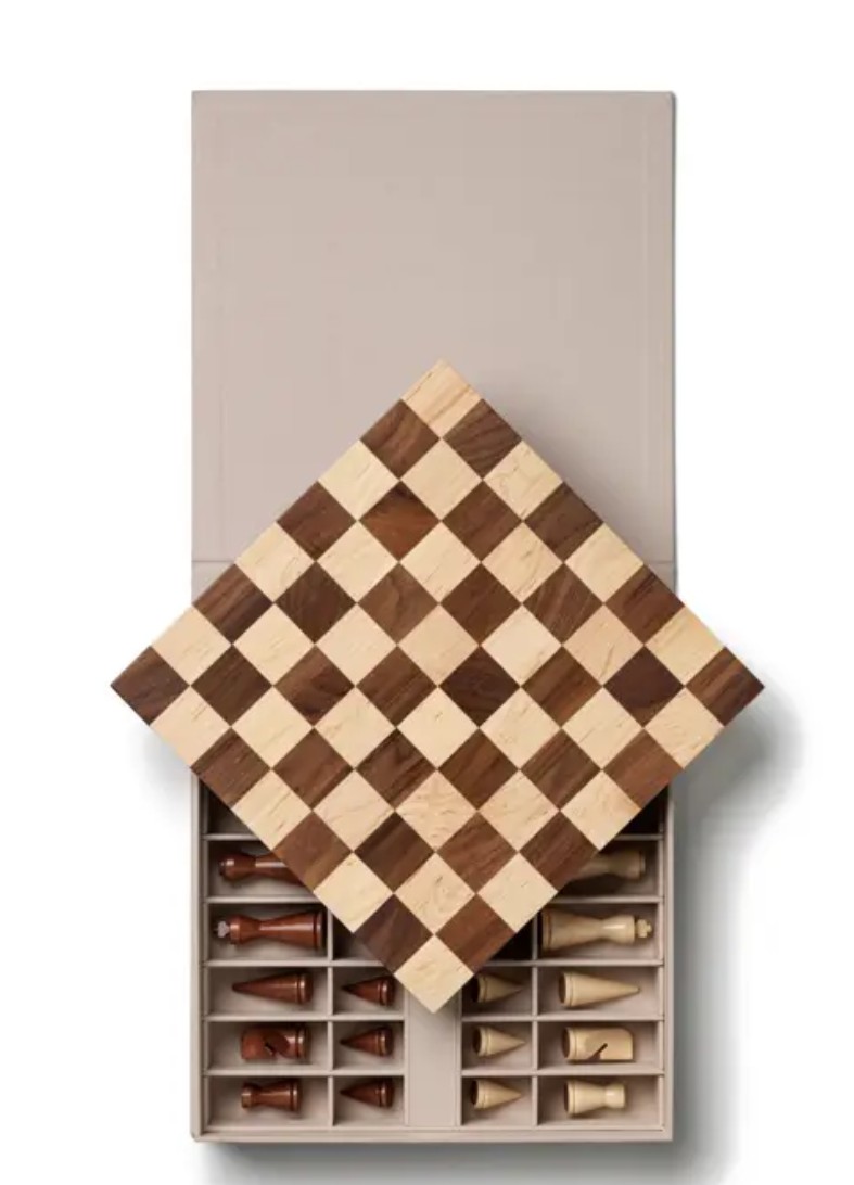 Chess minimalist, wooden chess board in open box stored from Printworks