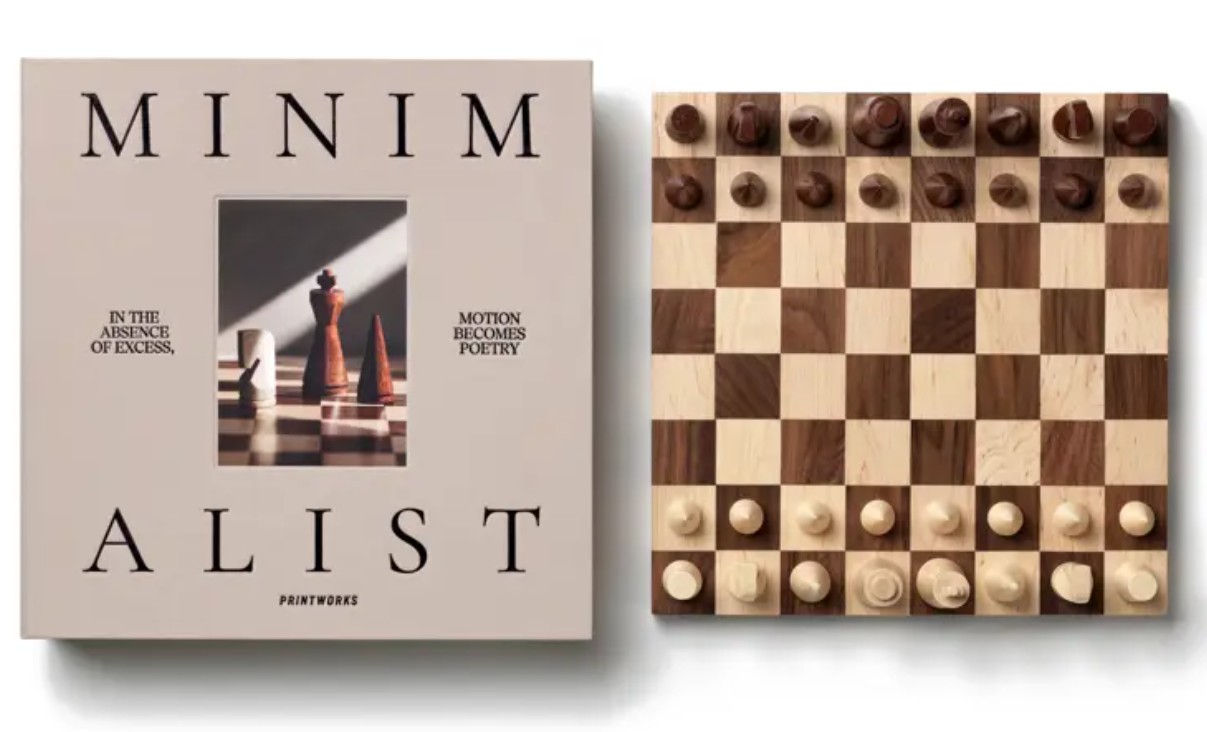 Chess minimalist, wooden chess board next to box from Printworks