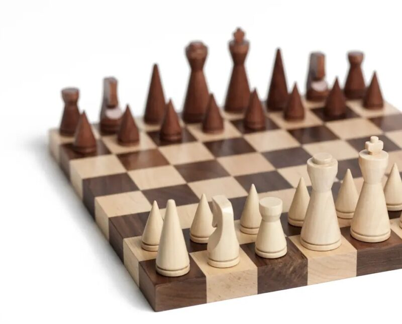 Chess minimalist, wooden chess board out of box close up from Printworks