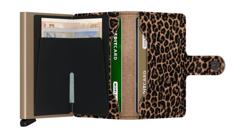 Secrid Miniwallet Leo Beige with leopard print and aluminium cardprotector.