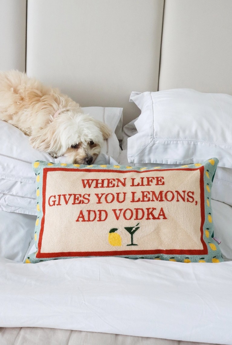 When life gives you lemons pillow dark green velvet back on a bed with dog
