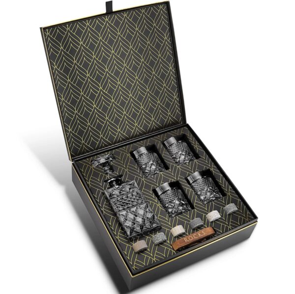 Whiskey decanter gift set with crystal decanter, two glasses and granite chilling stones in premium gift packaging.