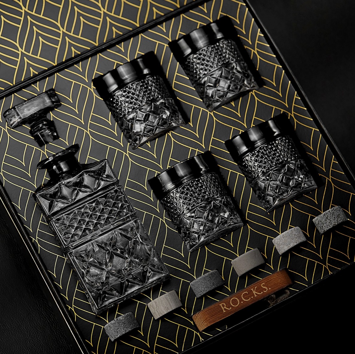 Whiskey Decanter with Glasses & Chilling Stones Gift Set CLOSE UP