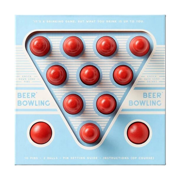 A compact beer bowling game set with MDF pins and balls, including multiple game modes and a pinsetter.