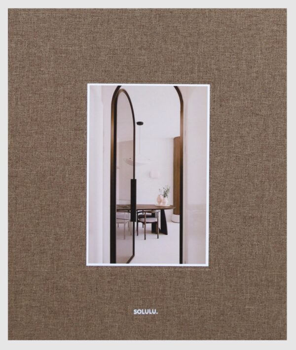 Calm Living brown linen storage book by Solulu with soft textured cover and magnetic closure