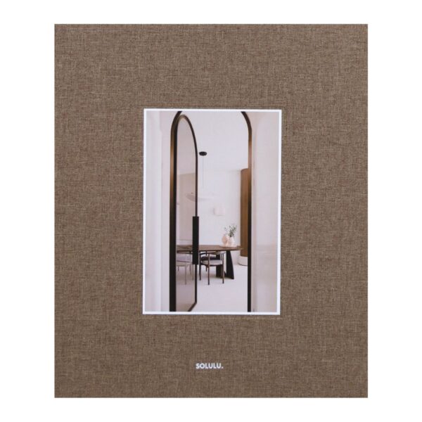 Calm Living brown linen storage book by Solulu with soft textured cover and magnetic closure