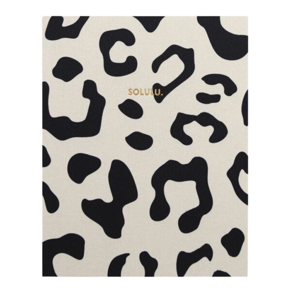 Leopard coffee table storage book by Solulu with beige linen cover, black leopard print, and gold logo