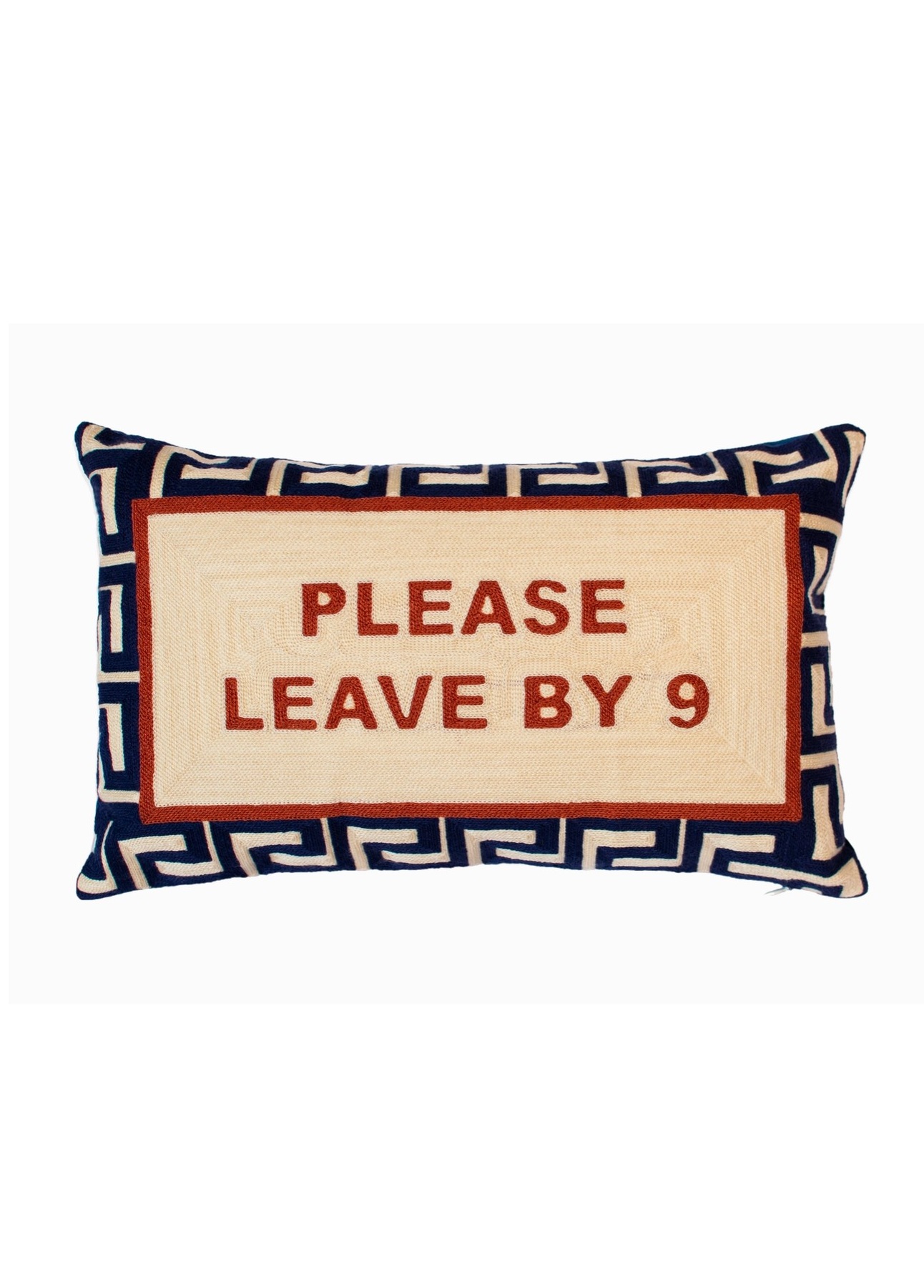 Please Leave By 9” handmade needlepoint cushion with navy velvet back.