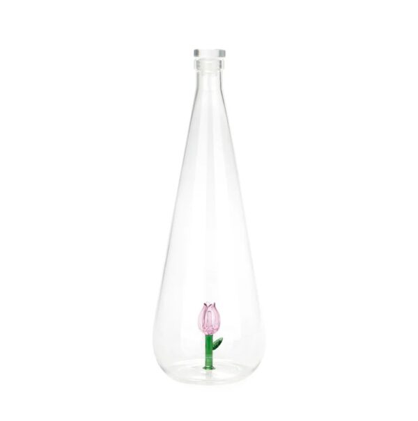 Decorative glass bottle with handmade pink tulip inside, 1L borosilicate design photographed in soft light.