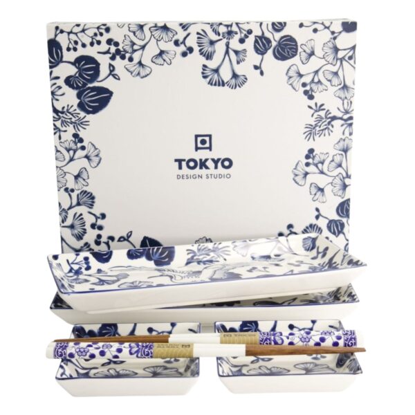 Flora Japonica sushi plate set with Japanese botanical artwork.