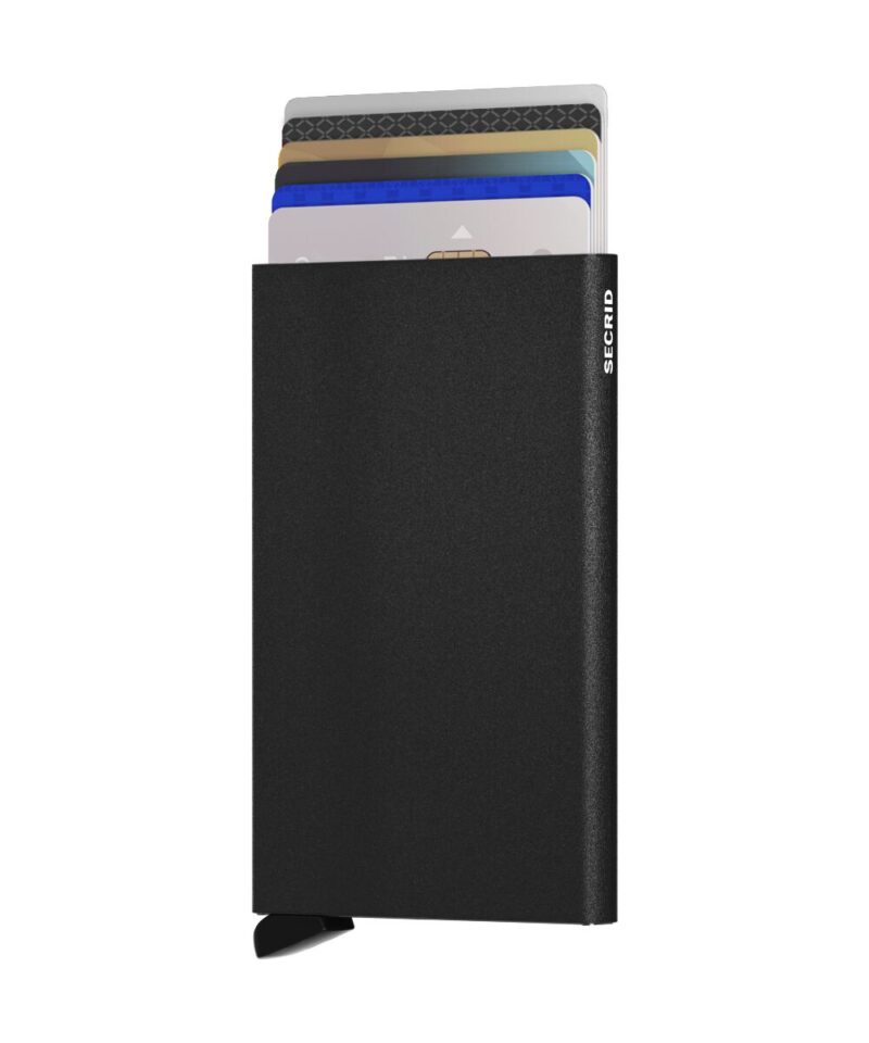 Minimalist card protector in powder black with aluminium housing and patented Secrid mechanism