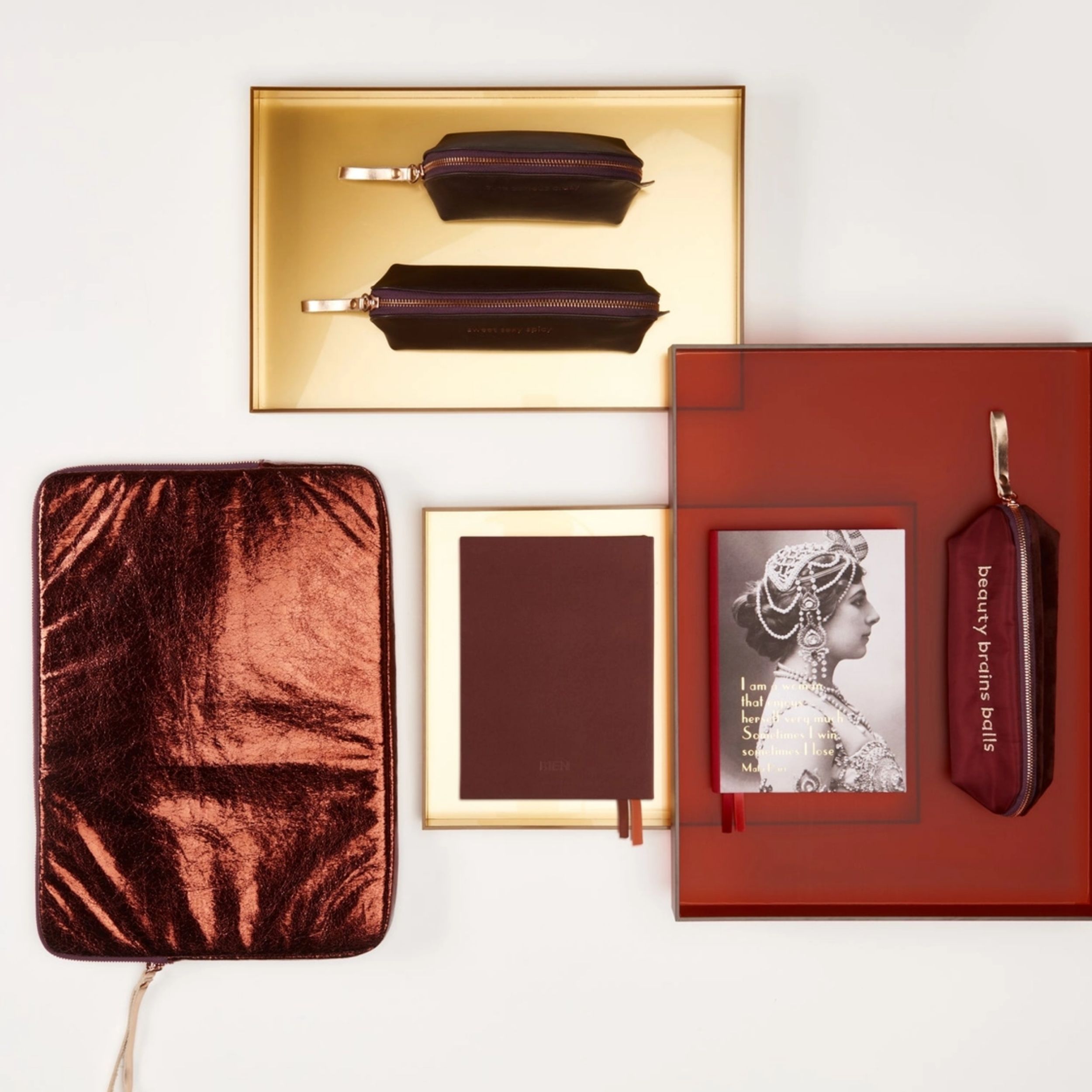 Burgundy velvet embroidered pencil case with rose-gold zipper and BIEN quote