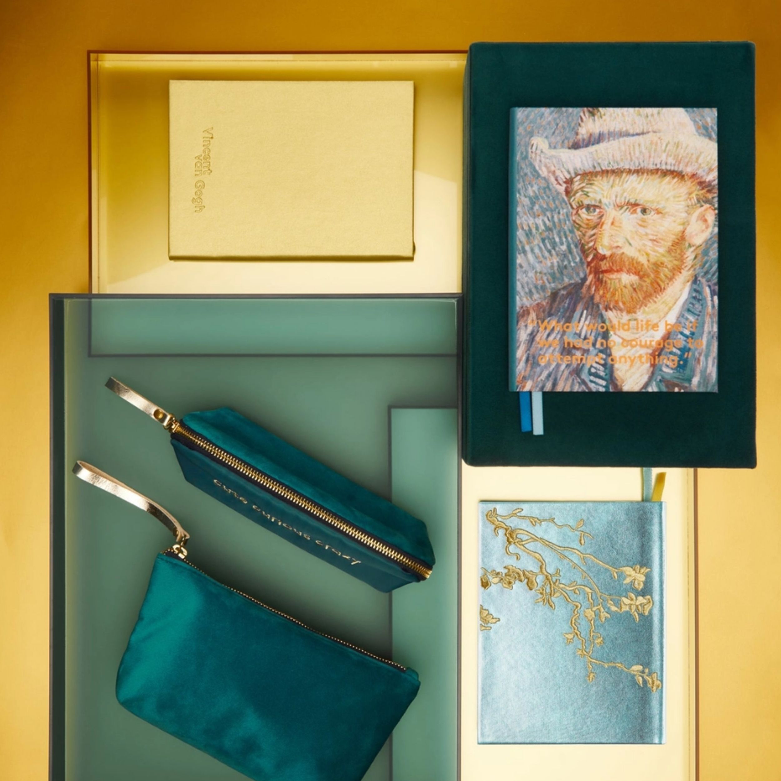 Metallic blue embroidered notebook with gold Almond Blossom inspired by Van Gogh.