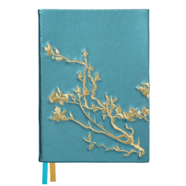 Metallic blue embroidered notebook with gold Almond Blossom inspired by Van Gogh.