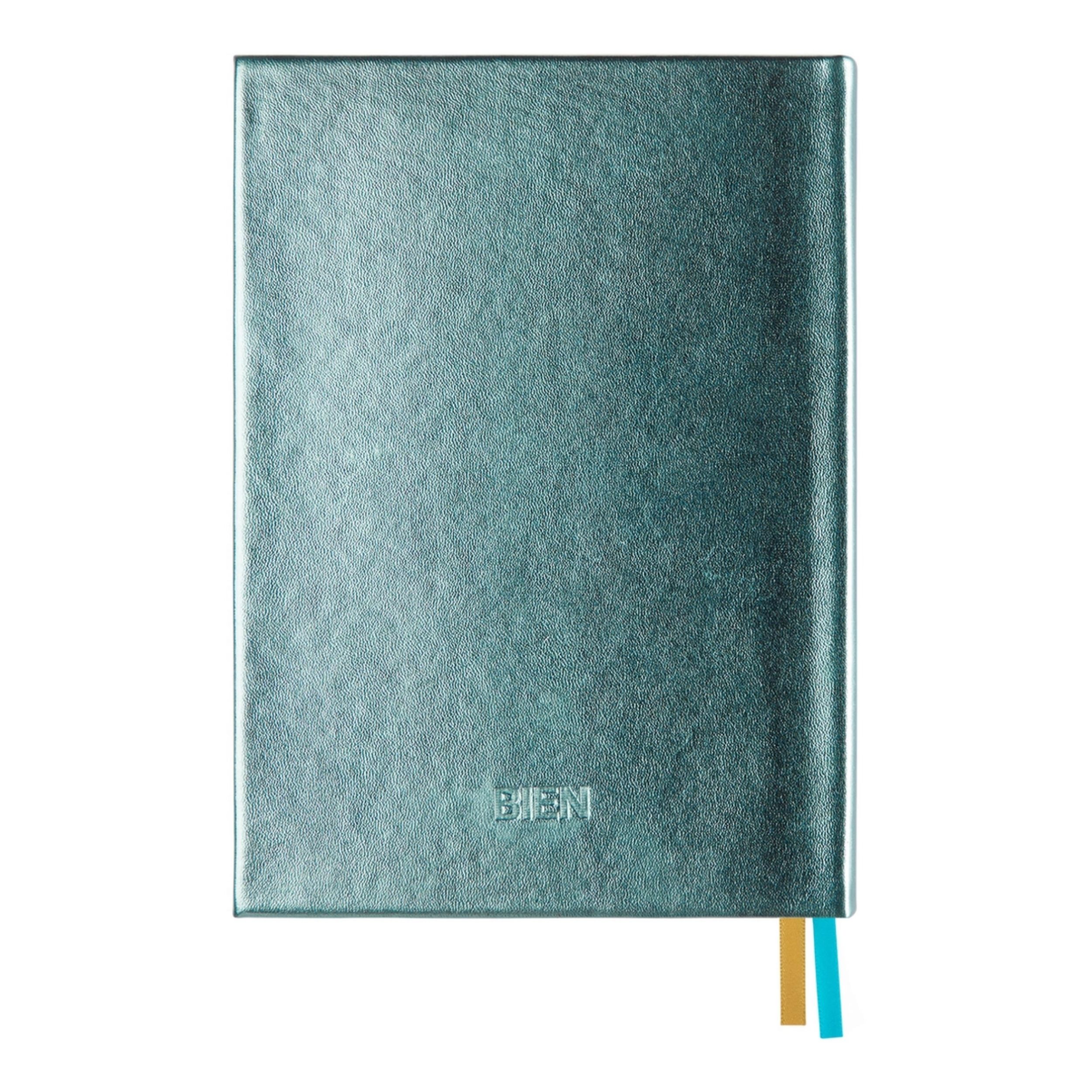 Metallic blue embroidered notebook with gold Almond Blossom inspired by Van Gogh.