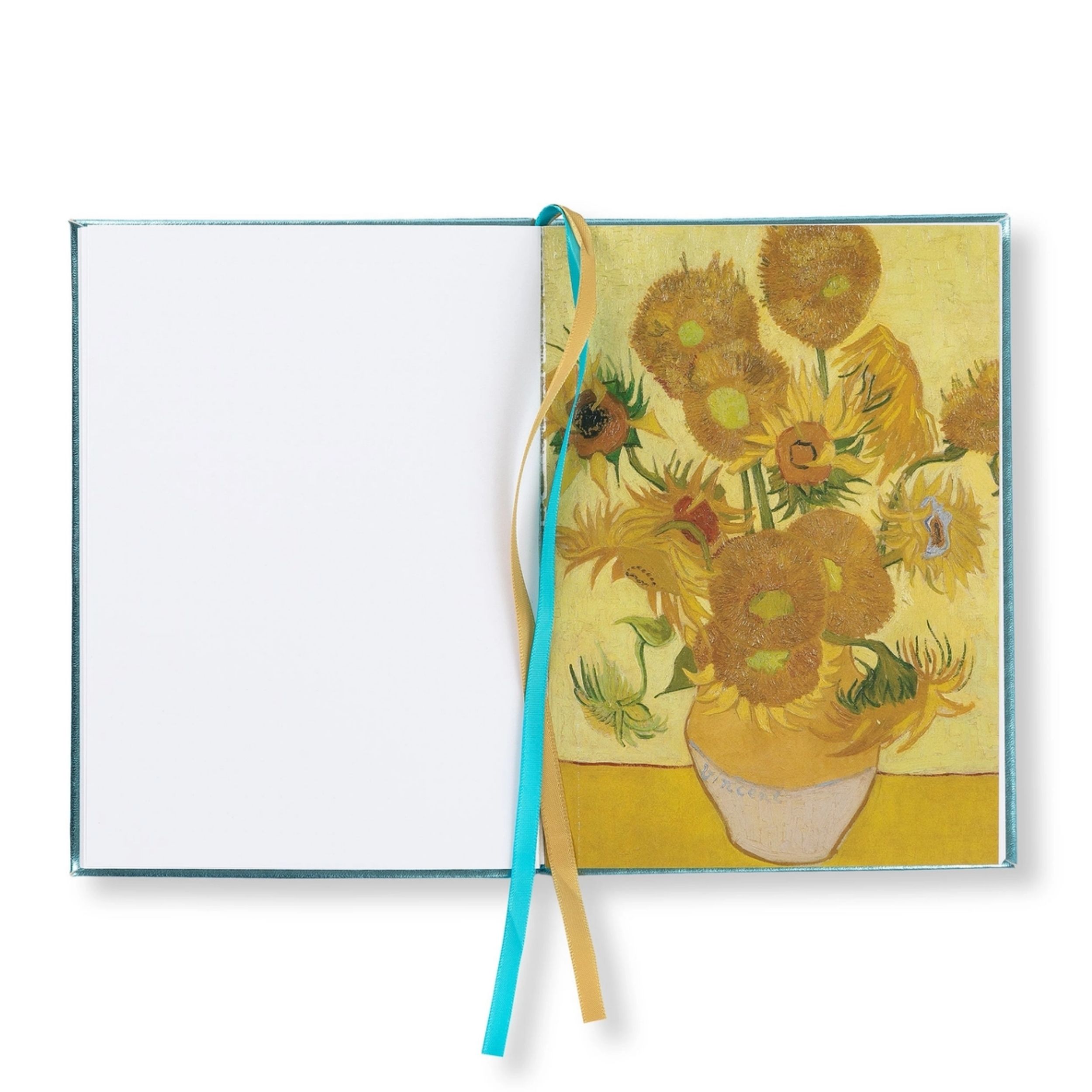 Metallic blue embroidered notebook with gold Almond Blossom inspired by Van Gogh.