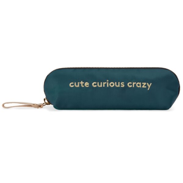 Petrol velvet pencil pouch with embroidered quote and gold zipper