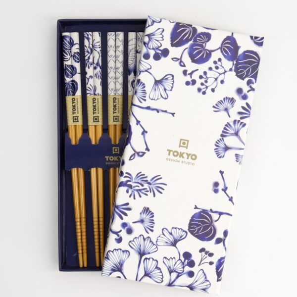 Flora Japonica chopsticks set with five botanical designs in a luxury gift box.
