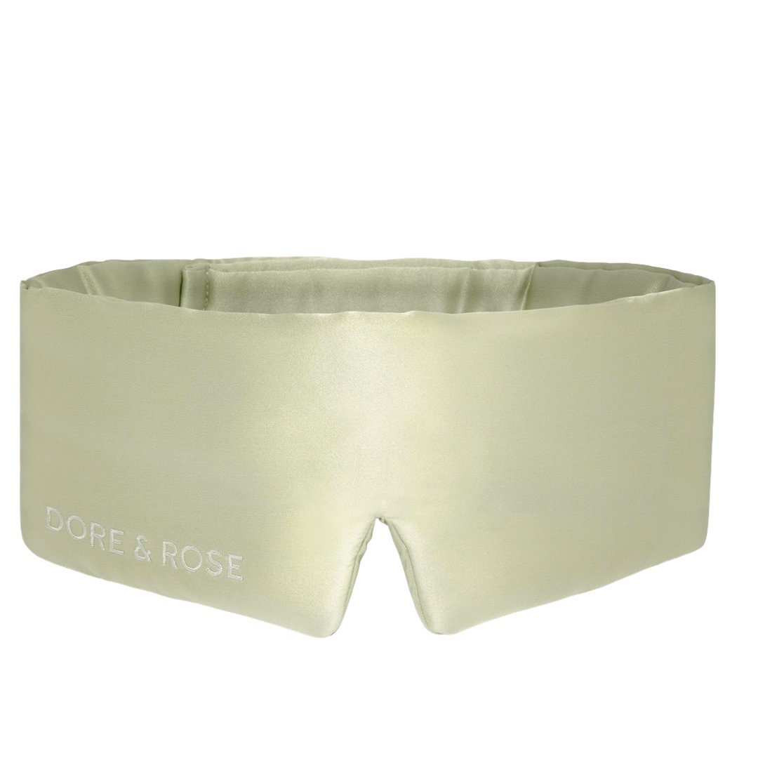 Olive silk sleep mask by Dore & Rose, made from 100% mulberry silk