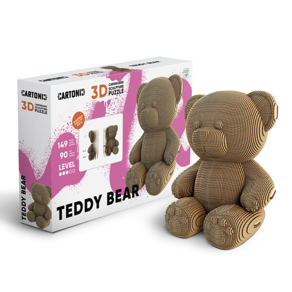 Teddy Bear Cartonic 3D puzzle made from layered recycled cardboard, assembled as decorative cardboard art.
