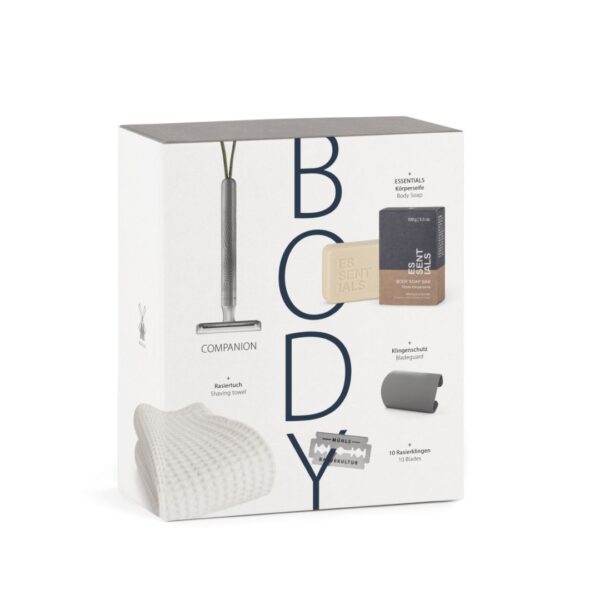 Sustainable body shaving set by MÜHLE with unisex safety razor, shaving towel and solid body soap