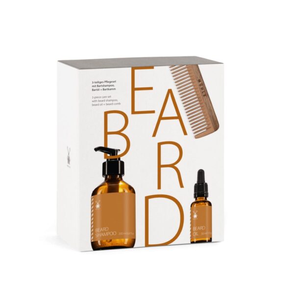 Luxury beard care gift set by MÜHLE with beard shampoo, beard oil and wooden beard comb