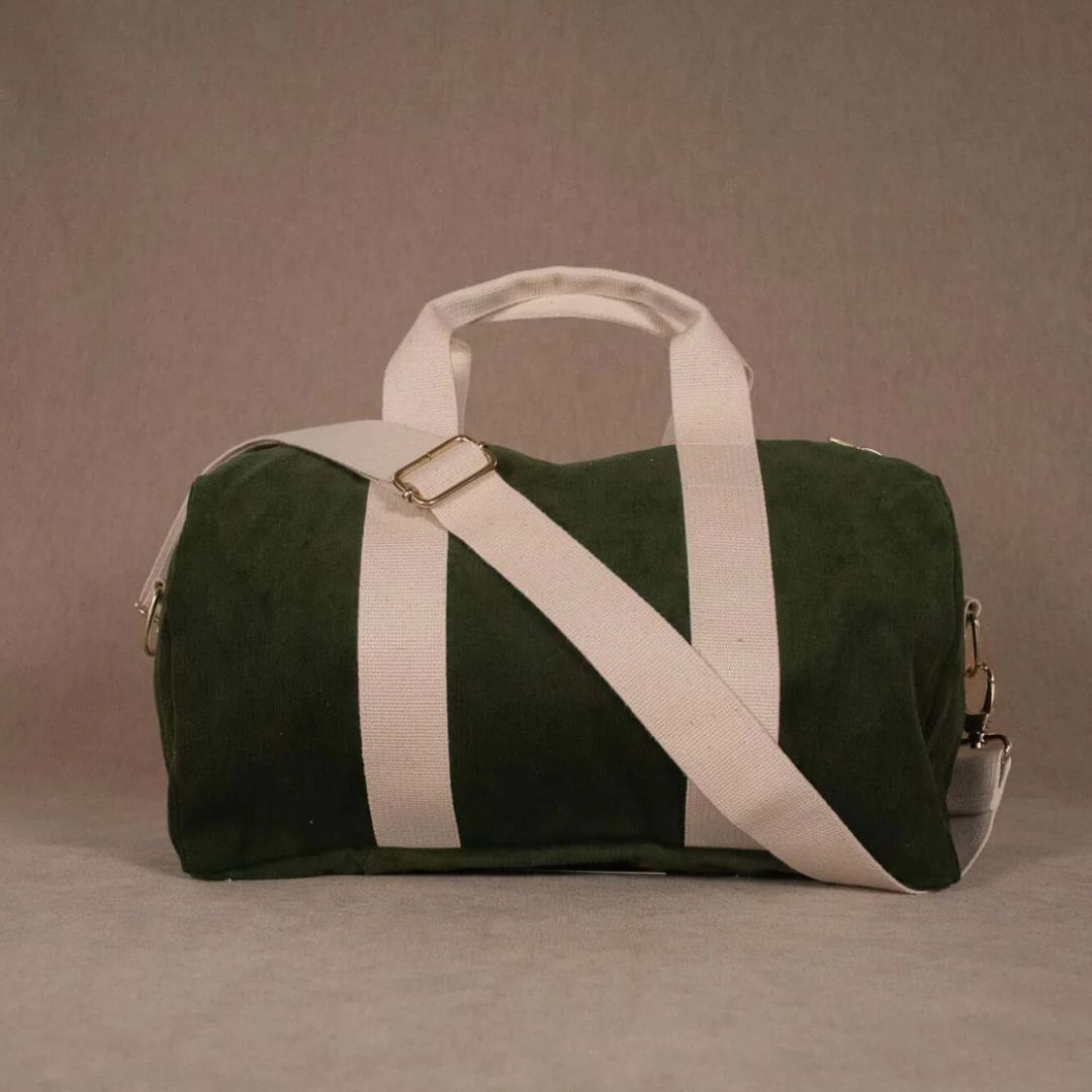Green corduroy 24 hour travel bag Iria with shoulder strap
