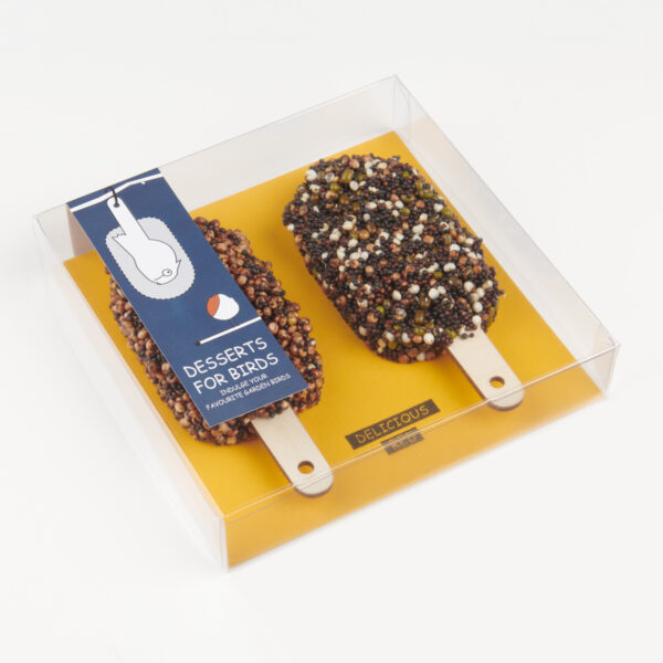 Decorative bird feeder gift shaped like an ice cream filled with seeds for garden birds